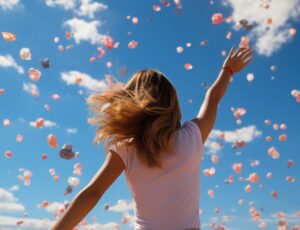Junge Frau steht mit Rücken zum Betrachter. Sie blickt zum Himmel an dem unzählige Ballons hochsteigen