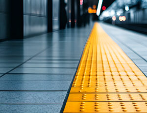 Bodenleitsystem in gelb an einer U-Bahn Haltstelle um den Weg zu weisen.