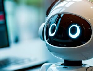 Kleiner futuristischer Roboter mit Kopfhörern sitzt auf einem Schreibtisch neben einem Laptop in einer modernen, hellen Umgebung.