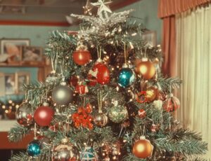Ein festlich geschmückter Weihnachtsbaum im Retro-Stil mit bunten Kugeln, Lichtern und einer Sternspitze steht in einem weihnachtlich dekorierten Wohnzimmer.