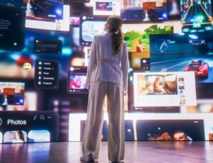 Eine Person steht in einem dunklen Raum vor einer riesigen, leuchtenden Wand aus vielen digitalen Bildschirmen mit Social‑Media‑Inhalten, Videos, Emojis und Benutzeroberflächen.