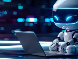 Digitaler KI-Roboter arbeitet am Laptop als Symbol für KI-Kompetenz in Behörden