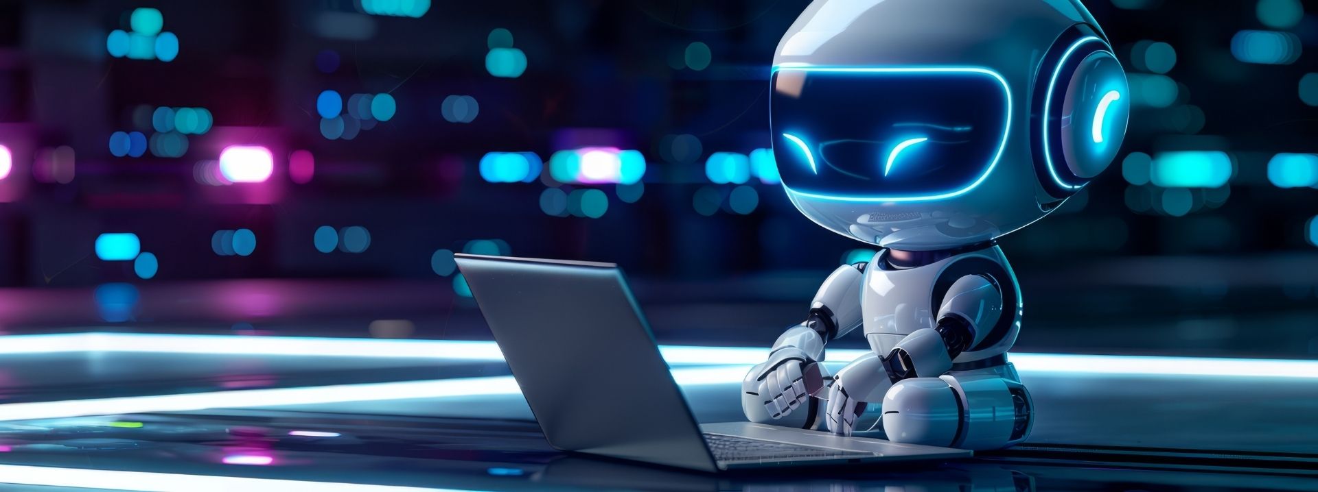 Digitaler KI-Roboter arbeitet am Laptop als Symbol für KI-Kompetenz in Behörden