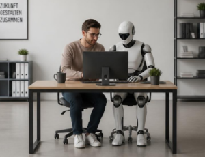 Ein Mensch und ein Roboter sitzen vor einem Bildschirm. Das Bild wurde KI-generiert.