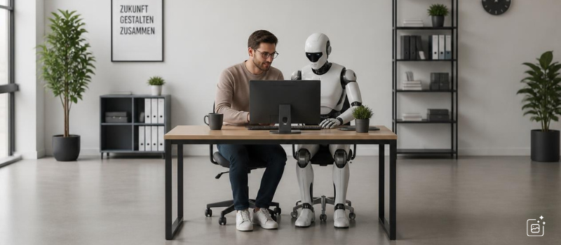 Ein Mensch und ein Roboter sitzen vor einem Bildschirm. Das Bild wurde KI-generiert.